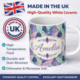 Personalized Custom Name Pastel Multicolour Tropical Leaves Seamless Pattern Cute Unique Gift 11oz Ceramic Coffee Tea Mug White Large Handle