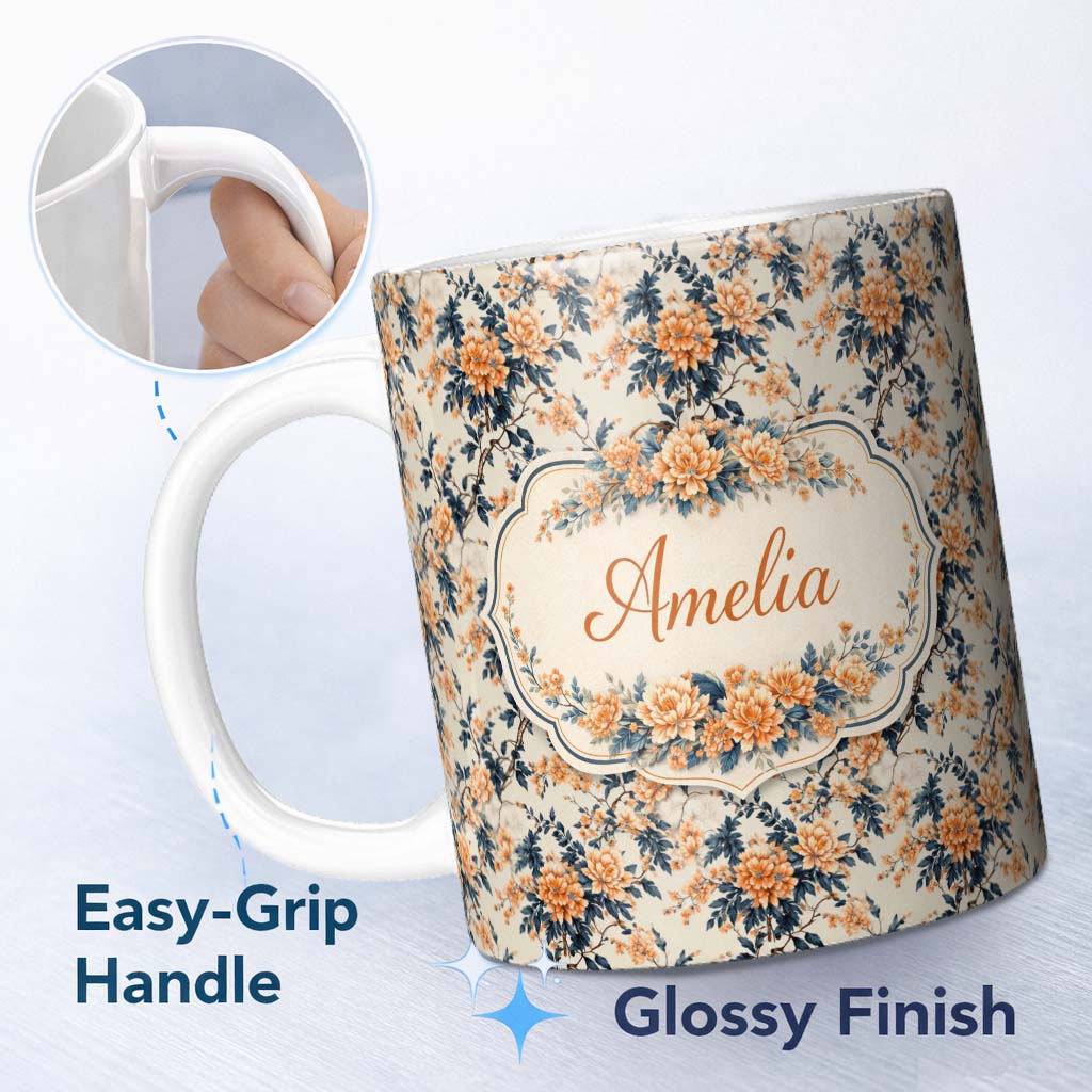 Personalized Custom Name Classic Navy Background Vintage Floral Seamless Pattern Red and 11oz Ceramic Coffee Tea Mug White Large Handle