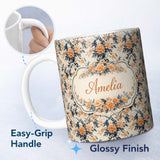 Personalized Custom Name Classic Navy Background Vintage Floral Seamless Pattern Red and 11oz Ceramic Coffee Tea Mug White Large Handle