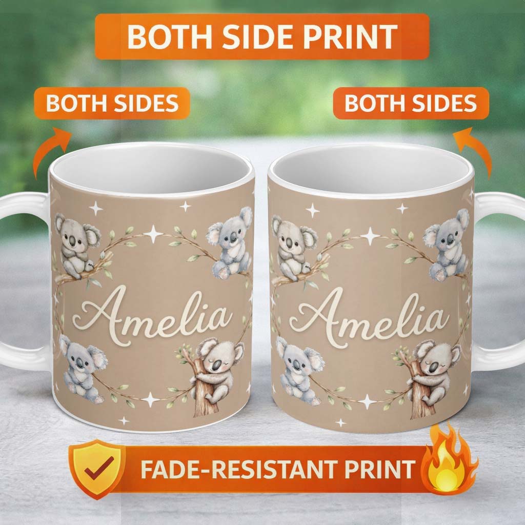 Personalized Custom Name Cute Baby Koala Bears with Stars on Warm Beige Background Seamless 11oz Ceramic Coffee Tea Mug White Large Handle