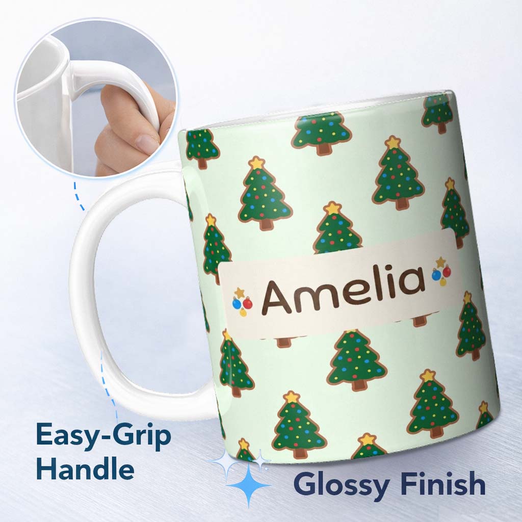 Personalized Custom Name Cute Cartoon Christmas Trees with Colorful Lights Minimal Seamless 11oz Ceramic Coffee Tea Mug White Large Handle