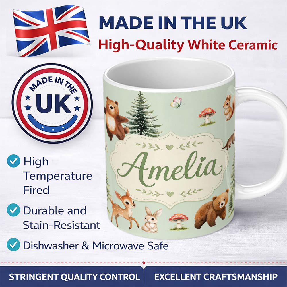 Personalized Custom Name Bear Bunny Squirrel Trees Mushrooms Butterfly Soft Sage Seamless 11oz Ceramic Coffee Tea Mug White Large Handle