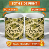 Personalized Custom Name Classic Vineyard Grapes and Leaves Botanical Seamless Pattern Lovely 11oz Ceramic Coffee Tea Mug White Large Handle