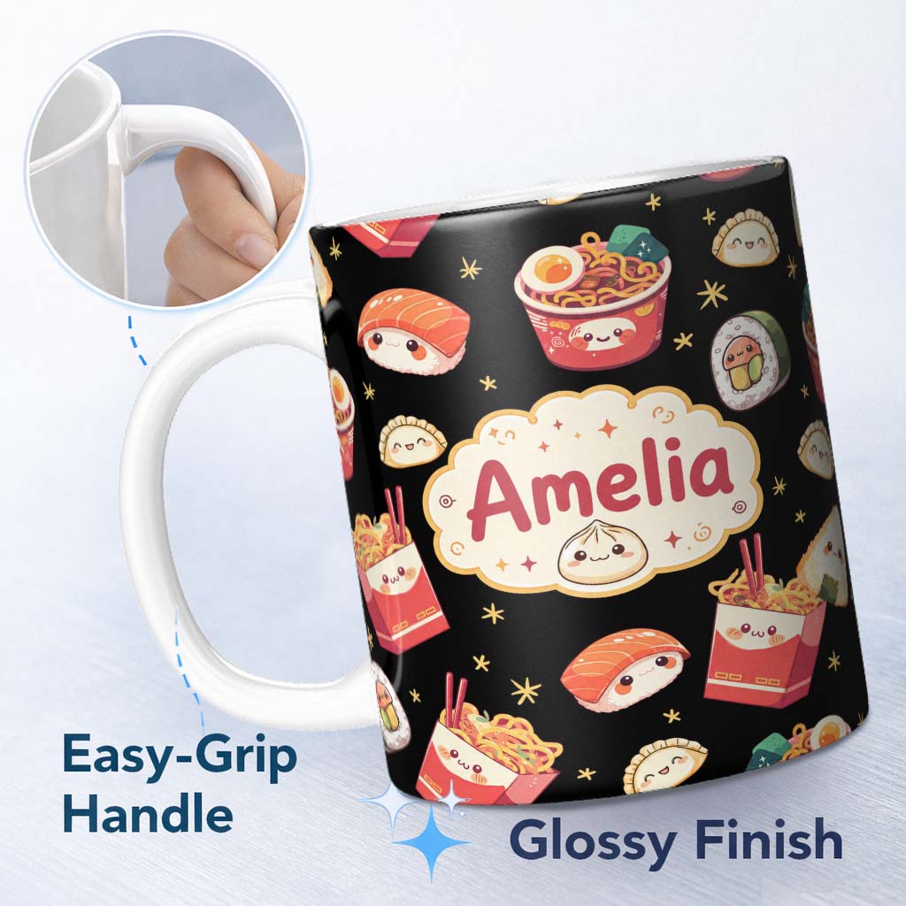 Personalized Custom Name Cute Kawaii Sushi Ramen Dumpling Food Black Background Seamless 11oz Ceramic Coffee Tea Mug White Large Handle