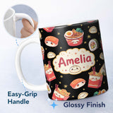 Personalized Custom Name Cute Kawaii Sushi Ramen Dumpling Food Black Background Seamless 11oz Ceramic Coffee Tea Mug White Large Handle
