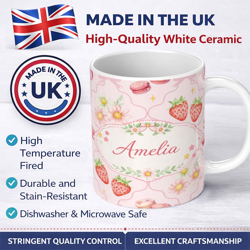 Personalized Custom Name Strawberry Cherry Daisy Seamless Pattern Soft Pink Cute Coquette 11oz Ceramic Coffee Tea Mug White Large Handle