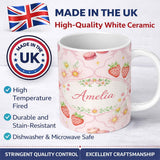 Personalized Custom Name Strawberry Cherry Daisy Seamless Pattern Soft Pink Cute Coquette 11oz Ceramic Coffee Tea Mug White Large Handle