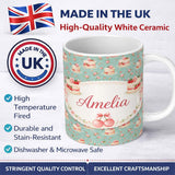 Personalized Custom Name Blue Floral Cake Seamless Pattern Vintage Dessert Botanical Design 11oz Ceramic Coffee Tea Mug White Large Handle