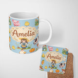 Personalized Custom Name Cute Farm Girl Animals Harvest Seamless Pattern Blue Background 11oz Ceramic Coffee Tea Mug White Large Handle