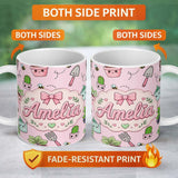 Personalized Custom Name Cute Kawaii Garden Tools Plants Bees Seamless Pattern Blush Lovely 11oz Ceramic Coffee Tea Mug White Large Handle