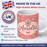 Personalized Custom Name Cute Christmas Gingerbread Characters Candy House Pattern Coral 11oz Ceramic Coffee Tea Mug White Large Handle
