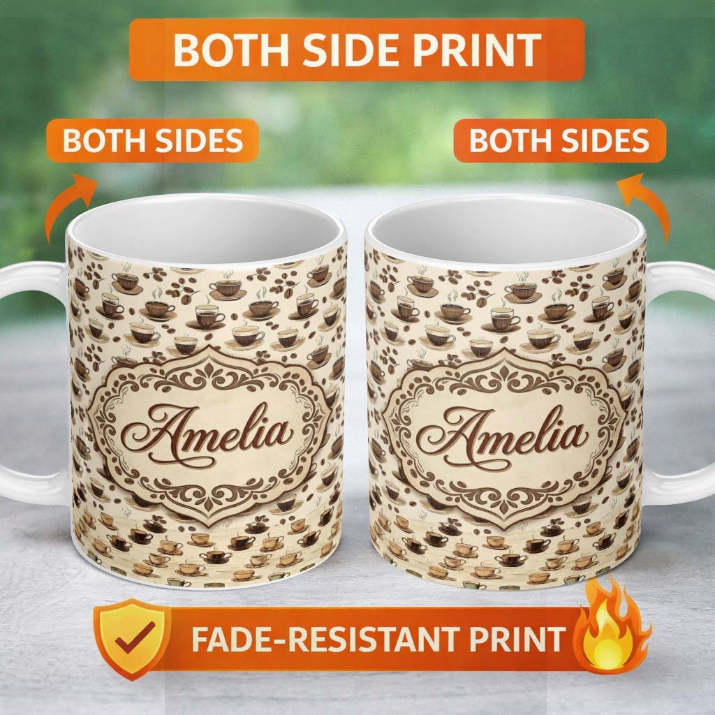 Personalized Custom Name Coffee Cups and Beans Neutral Cafe Theme Seamless Pattern Lovely 11oz Ceramic Coffee Tea Mug White Large Handle