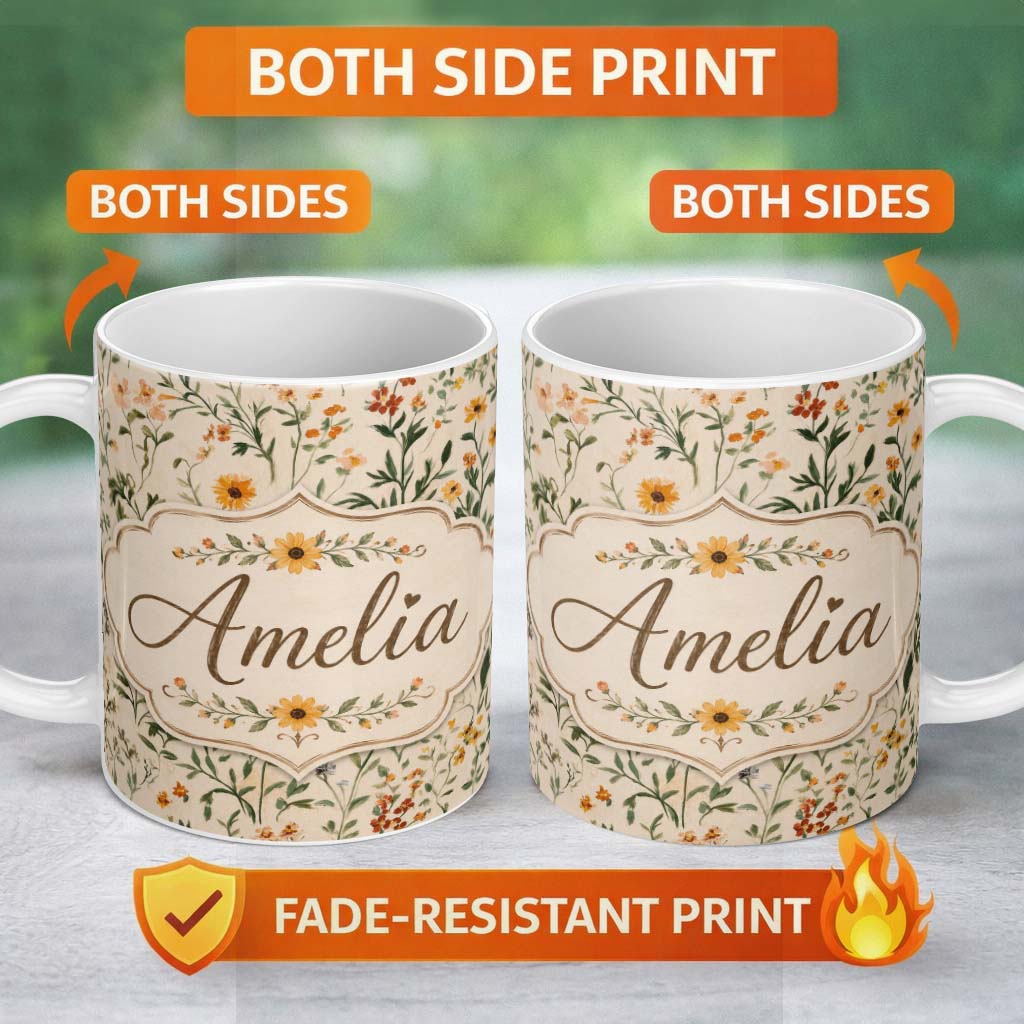 Personalized Custom Name Warm Meadow Floral Botanical Garden Seamless Pattern Lovely 11oz Ceramic Coffee Tea Mug White Large Handle
