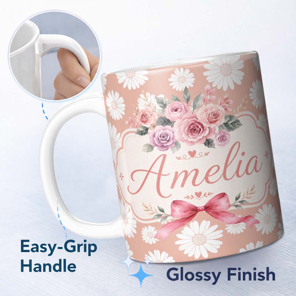 Personalized Custom Name White Daisy Floral Pattern on Peach Background Seamless Pattern 11oz Ceramic Coffee Tea Mug White Large Handle