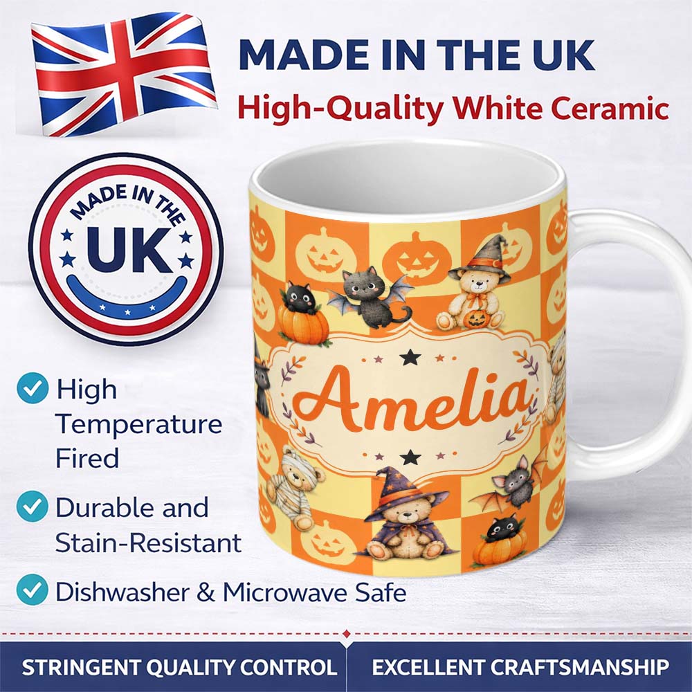 Personalized Custom Name Orange Pumpkin Checkerboard Warm Autumn Seamless Pattern UK Name 11oz Ceramic Coffee Tea Mug White Large Handle