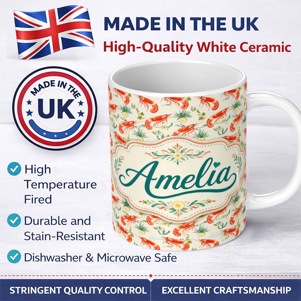 Personalized Custom Name Cute Fresh Seafood Shrimp with Herbs and Citrus Seamless Pattern 11oz Ceramic Coffee Tea Mug White Large Handle
