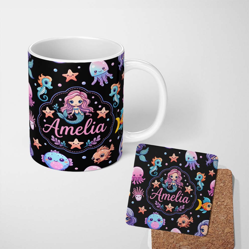 Personalized Custom Name Cute Cartoon Mermaid with Sea Creatures on Black Background Kids 11oz Ceramic Coffee Tea Mug White Large Handle