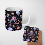 Personalized Custom Name Cute Cartoon Mermaid with Sea Creatures on Black Background Kids 11oz Ceramic Coffee Tea Mug White Large Handle