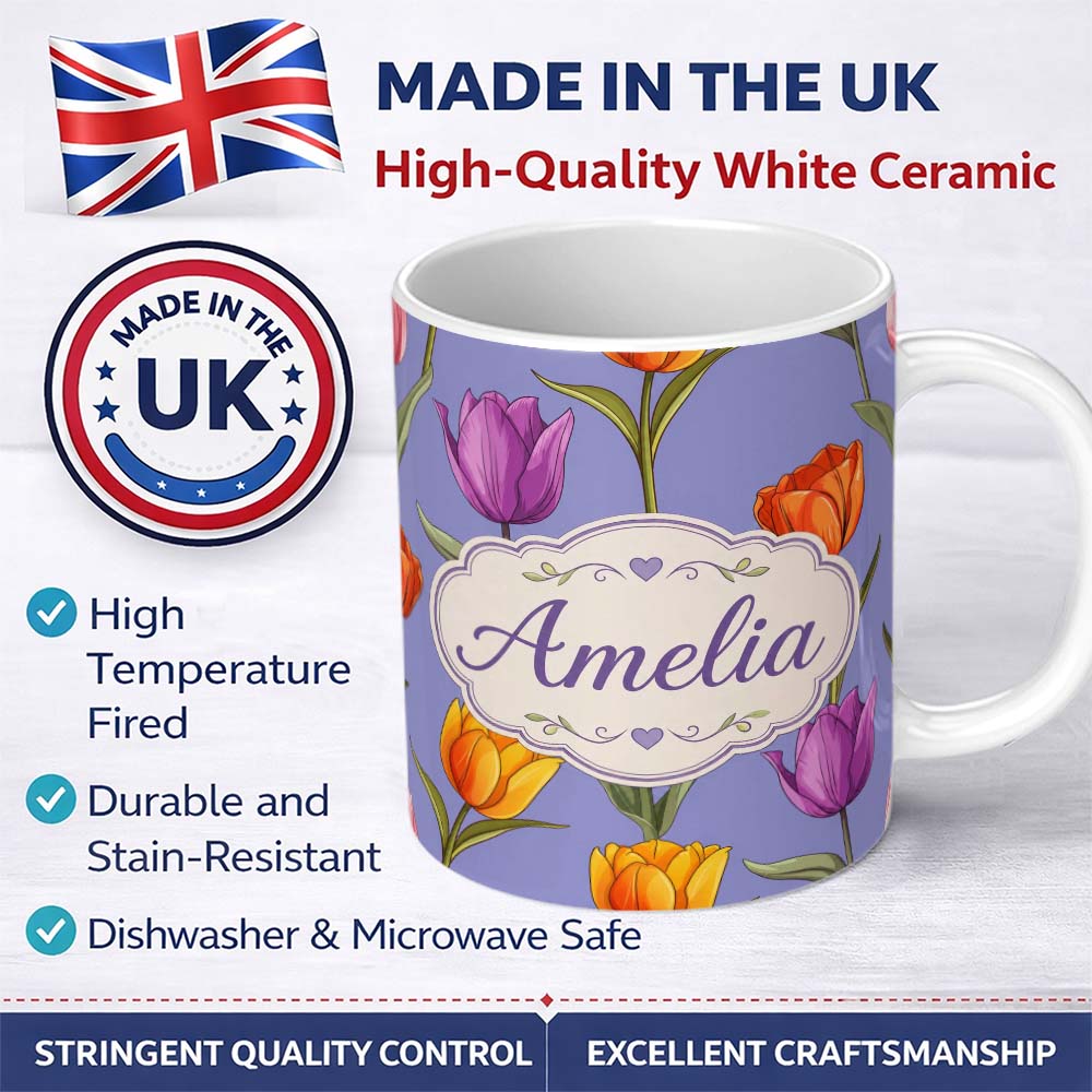 Personalized Custom Name Colorful Tulip Flowers Purple Background Spring Floral Seamless 11oz Ceramic Coffee Tea Mug White Large Handle