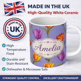Personalized Custom Name Colorful Tulip Flowers Purple Background Spring Floral Seamless 11oz Ceramic Coffee Tea Mug White Large Handle