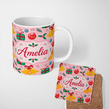 Personalized Custom Name Christmas Bells Gift Baubles Holly Berry Seamless Pattern Lovely 11oz Ceramic Coffee Tea Mug White Large Handle