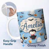 Personalized Custom Name Cute Halloween Vampire Ghost Bats Spooky Blue Background Seamless 11oz Ceramic Coffee Tea Mug White Large Handle
