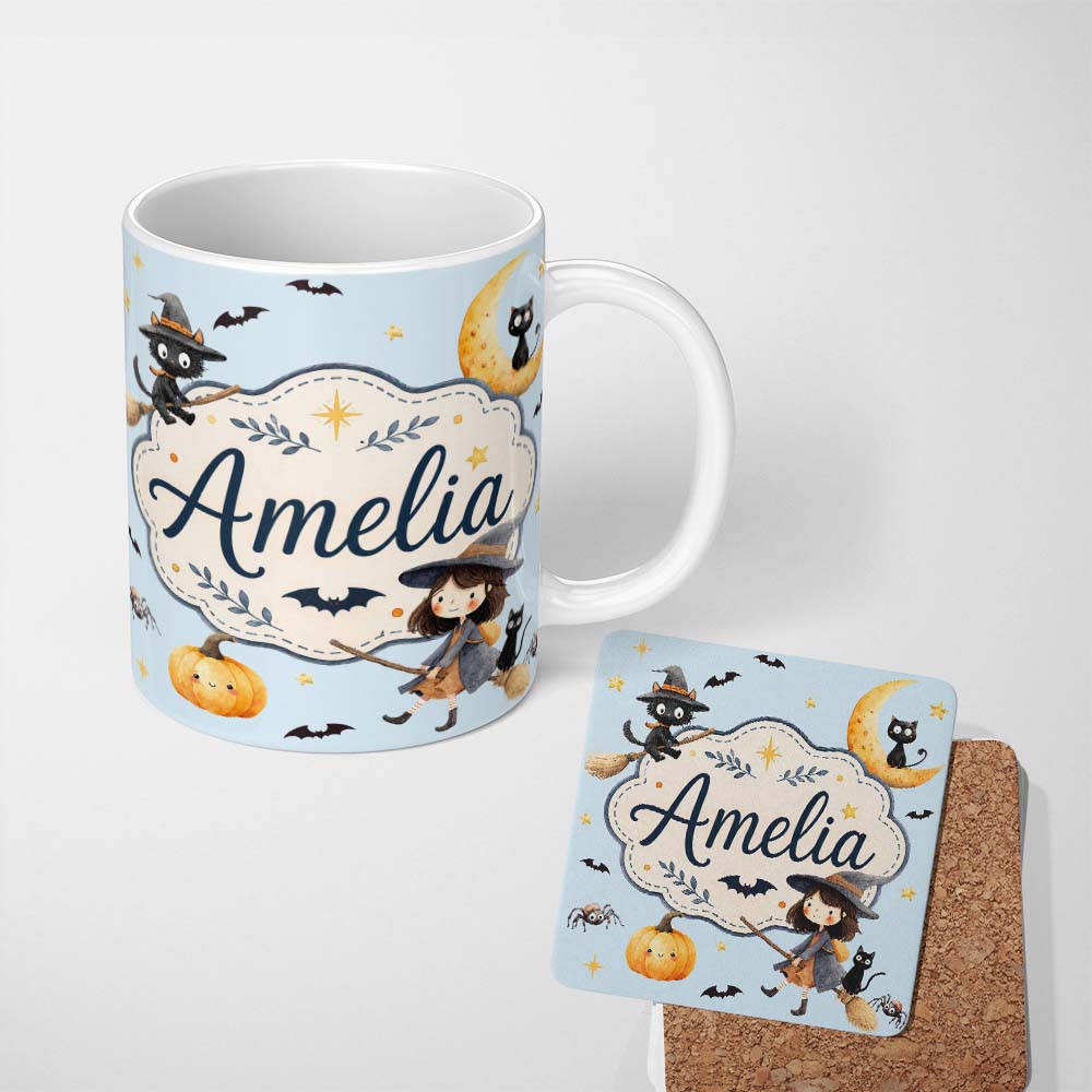 Personalized Custom Name Halloween Witch Cats Moon Stars Spooky Night Blue Seamless Pattern 11oz Ceramic Coffee Tea Mug White Large Handle