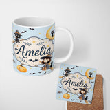 Personalized Custom Name Halloween Witch Cats Moon Stars Spooky Night Blue Seamless Pattern 11oz Ceramic Coffee Tea Mug White Large Handle