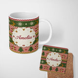 Personalized Custom Name Scandinavian Deer Gift Snowflake Knit Green Pink Christmas Festive 11oz Ceramic Coffee Tea Mug White Large Handle