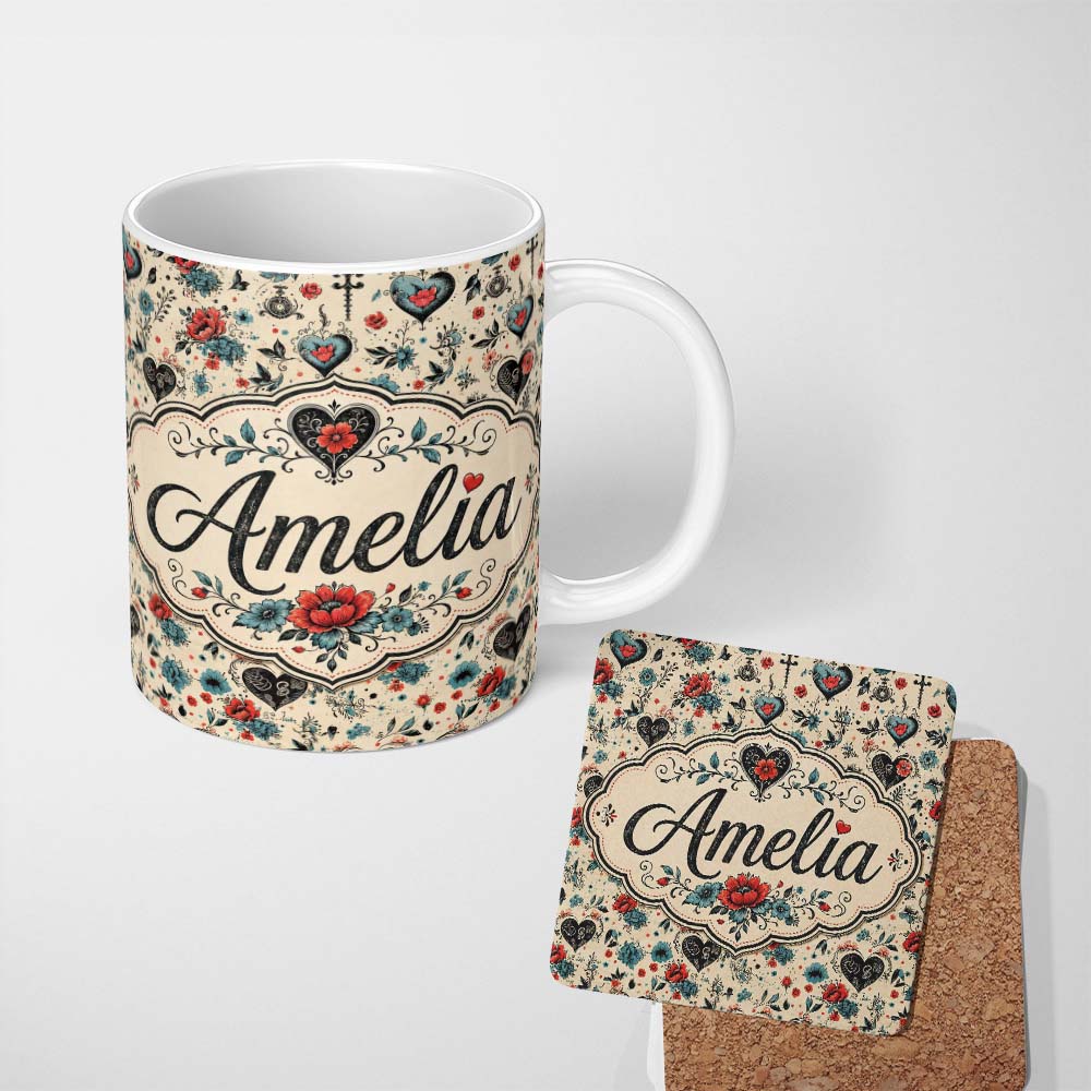 Personalized Custom Name Vintage Floral Heart and Botanical Illustration Seamless Pattern 11oz Ceramic Coffee Tea Mug White Large Handle