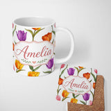 Personalized Custom Name Colorful Tulip Flowers White Background Spring Floral Seamless 11oz Ceramic Coffee Tea Mug White Large Handle