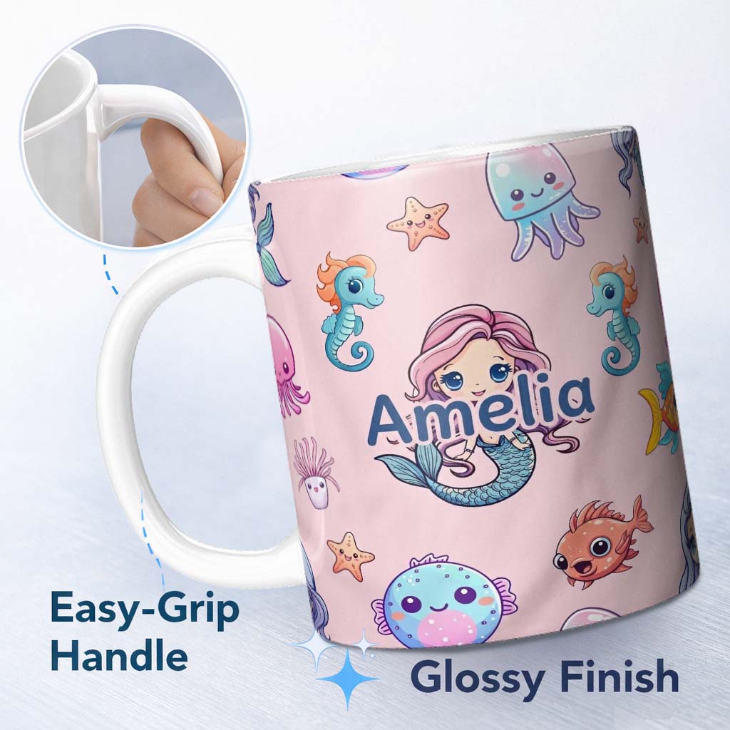 Personalized Custom Name Cute Kawaii Mermaid Seahorse Jellyfish and Starfish Light Pink 11oz Ceramic Coffee Tea Mug White Large Handle