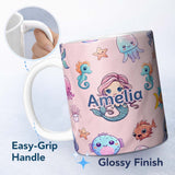 Personalized Custom Name Cute Kawaii Mermaid Seahorse Jellyfish and Starfish Light Pink 11oz Ceramic Coffee Tea Mug White Large Handle