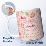 Personalized Custom Name Watercolor Cherry Strawberry Bow Macaron Dessert Frame Blush Pink 11oz Ceramic Coffee Tea Mug White Large Handle