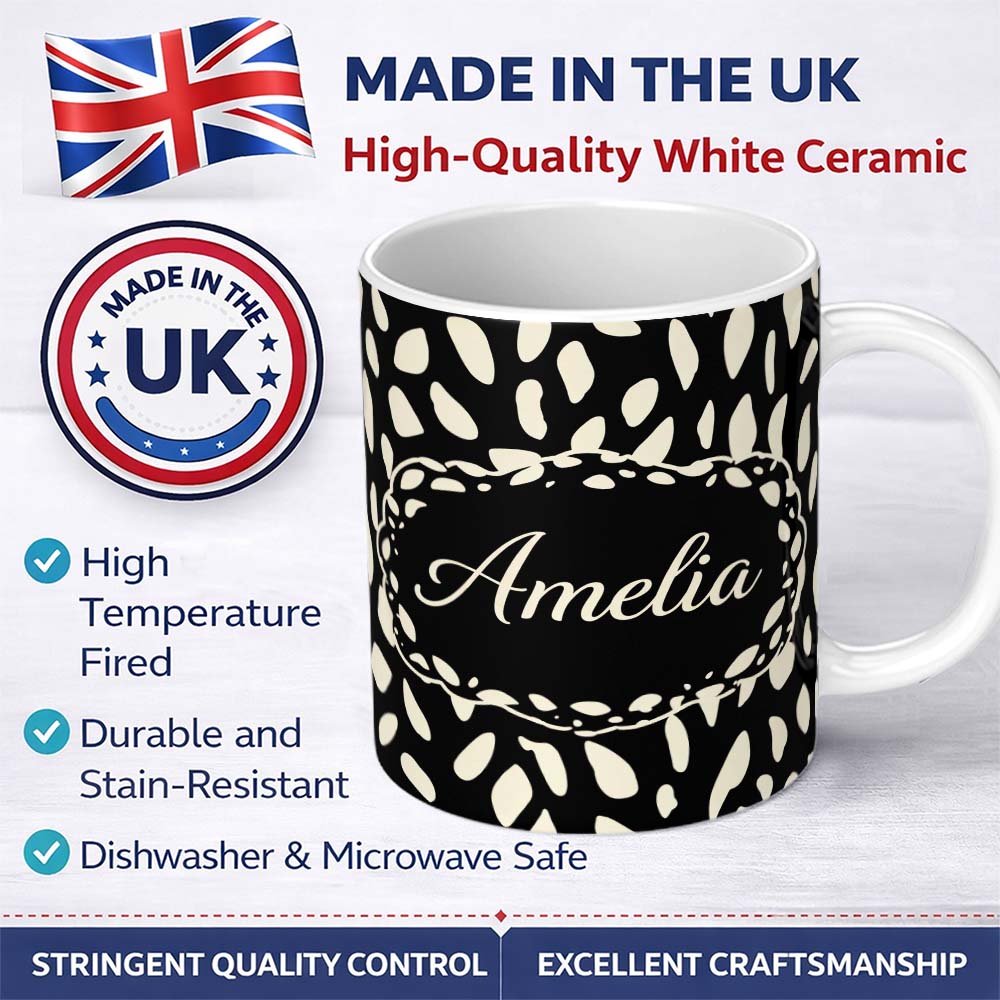 Personalized Custom Name Scattered Pebble Spots Black Cream Irregular Dot Pattern Lovely 11oz Ceramic Coffee Tea Mug White Large Handle