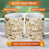 Personalized Custom Name Vintage Farm Hen Illustration Soft Neutral Background Lovely 11oz Ceramic Coffee Tea Mug White Large Handle