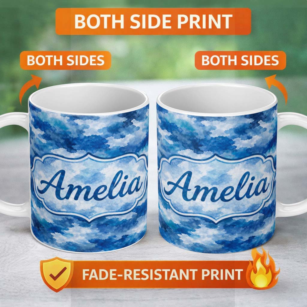 Personalized Custom Name Watercolor Blue Camouflage Artistic Seamless Pattern Lovely 11oz Ceramic Coffee Tea Mug White Large Handle