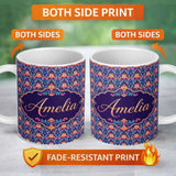 Personalized Custom Name Vibrant Ornate Floral Damask with Bold Orange and Teal Seamless 11oz Ceramic Coffee Tea Mug White Large Handle