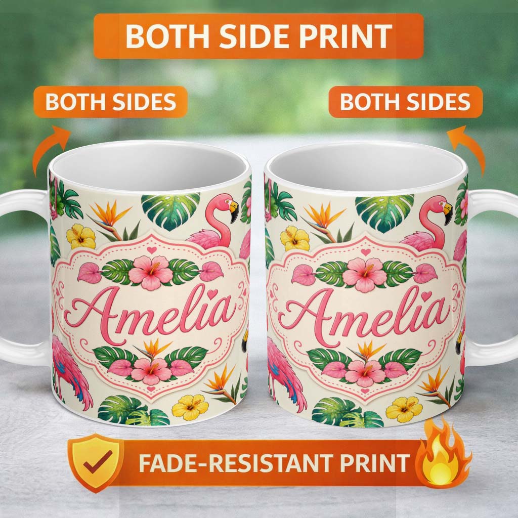 Personalized Custom Name Tropical Flamingo with Hibiscus Flowers and Leaves Cream Background 11oz Ceramic Coffee Tea Mug White Large Handle