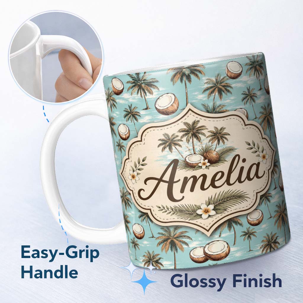 Personalized Custom Name Coastal Coconut Palm Trees on Aqua Ocean Background Tropical Pattern 11oz Ceramic Coffee Tea Mug White Large Handle