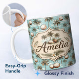 Personalized Custom Name Coastal Coconut Palm Trees on Aqua Ocean Background Tropical Pattern 11oz Ceramic Coffee Tea Mug White Large Handle