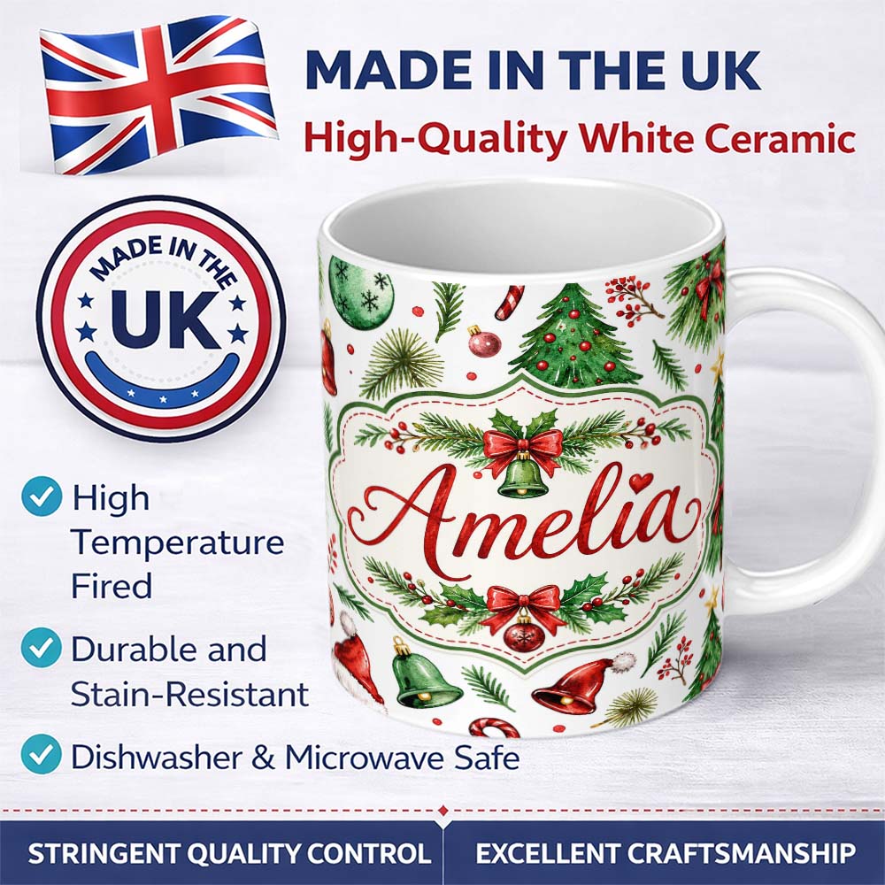 Personalized Custom Name Watercolor Christmas Trees Bells Santa Hats Festive Seamless Pattern 11oz Ceramic Coffee Tea Mug White Large Handle