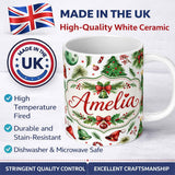 Personalized Custom Name Watercolor Christmas Trees Bells Santa Hats Festive Seamless Pattern 11oz Ceramic Coffee Tea Mug White Large Handle