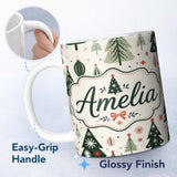 Personalized Custom Name Vintage Style Christmas Trees Ornaments Snowflakes Festive Seamless 11oz Ceramic Coffee Tea Mug White Large Handle