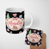 Personalized Custom Name Cute Christmas Festive Stickers Snowman Tree House Pattern Black 11oz Ceramic Coffee Tea Mug White Large Handle