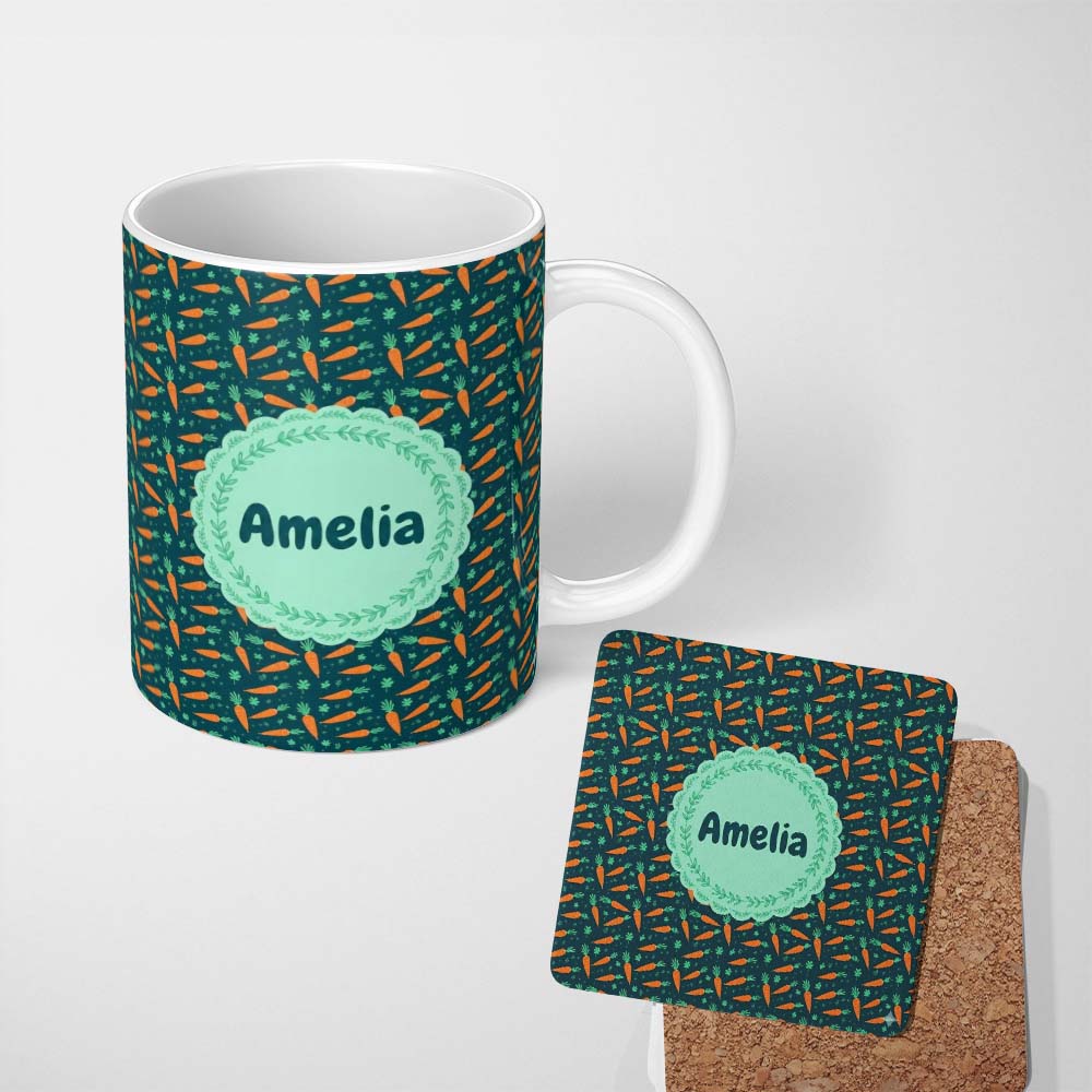 Personalized Custom Name Cute Minimal Carrot and Clover Tossed Dark Teal Background Design 11oz Ceramic Coffee Tea Mug White Large Handle