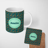Personalized Custom Name Cute Minimal Carrot and Clover Tossed Dark Teal Background Design 11oz Ceramic Coffee Tea Mug White Large Handle