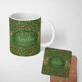 Personalized Custom Name Festive Gold Leopard Print Glitter Christmas Seamless Pattern Lovely 11oz Ceramic Coffee Tea Mug White Large Handle