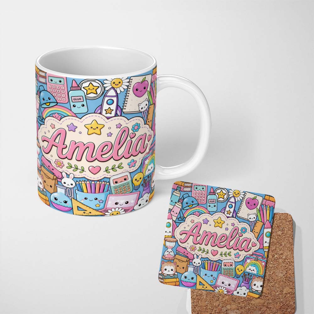 Personalized Custom Name Cute Kawaii School Supplies Science Art Cute Pattern Blue Background 11oz Ceramic Coffee Tea Mug White Large Handle