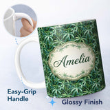 Personalized Custom Name Soft Sage Botanical Leaves Minimal Seamless Pattern Cute Unique Gift 11oz Ceramic Coffee Tea Mug White Large Handle